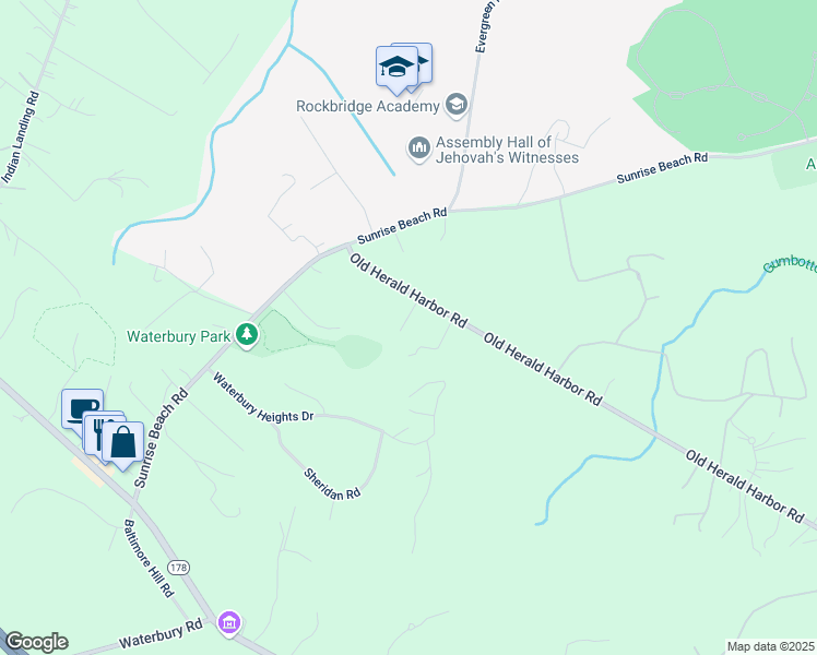 map of restaurants, bars, coffee shops, grocery stores, and more near 807 Old Herald Harbor Road in Crownsville