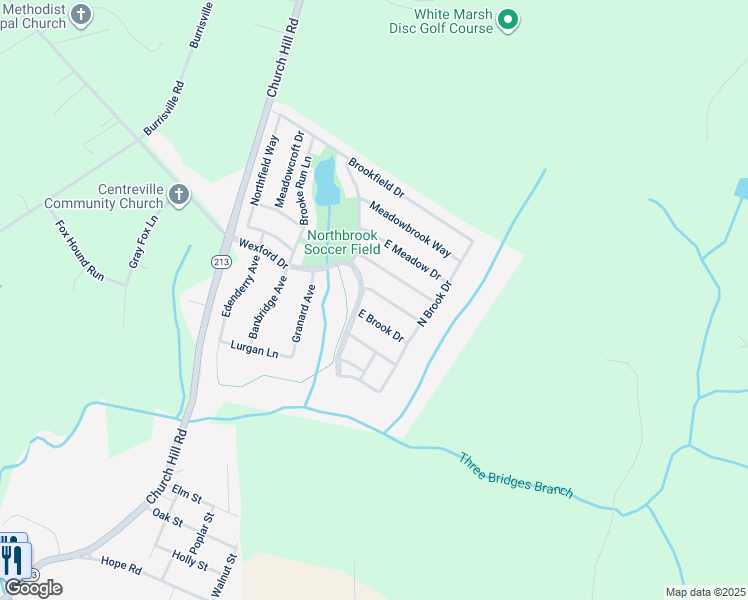 map of restaurants, bars, coffee shops, grocery stores, and more near 114 Cool Meadow Drive in Centreville