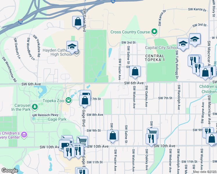 map of restaurants, bars, coffee shops, grocery stores, and more near 3535 Southwest 6th Avenue in Topeka