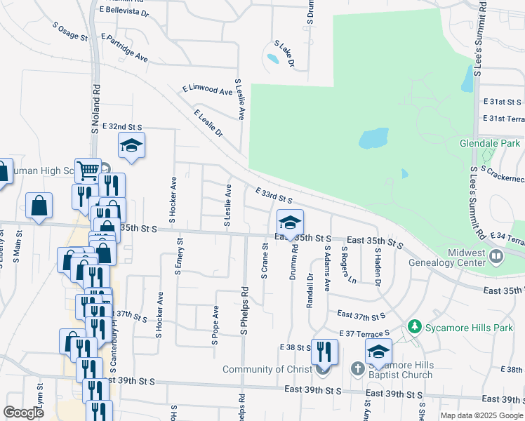 map of restaurants, bars, coffee shops, grocery stores, and more near 14909 East 33rd Street South in Independence