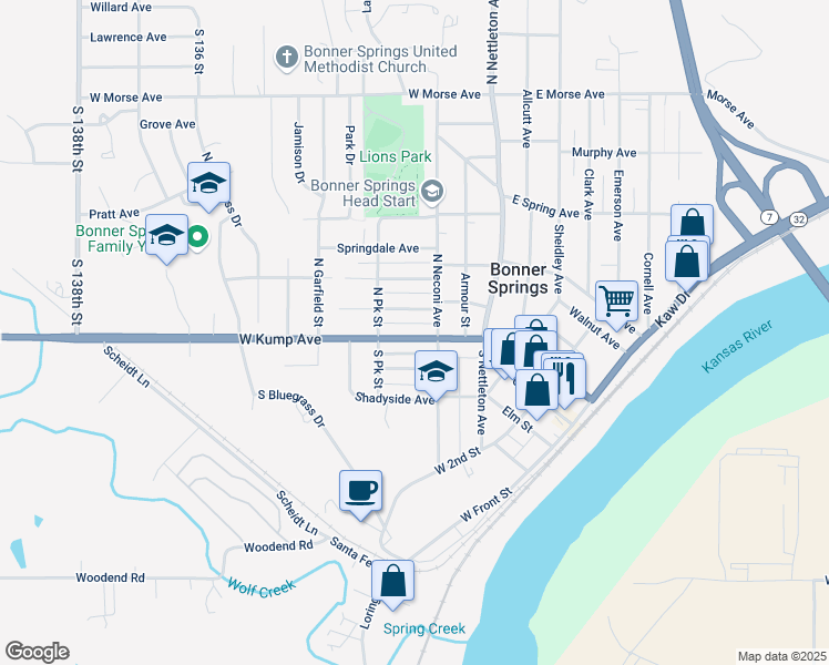 map of restaurants, bars, coffee shops, grocery stores, and more near 200 Highview Avenue in Bonner Springs