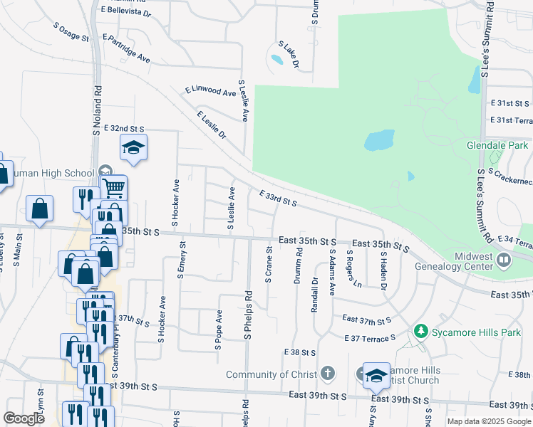 map of restaurants, bars, coffee shops, grocery stores, and more near 14909 East 33rd Street South in Independence