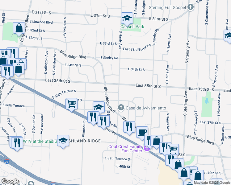 map of restaurants, bars, coffee shops, grocery stores, and more near 10330 East 35th Terrace South in Independence