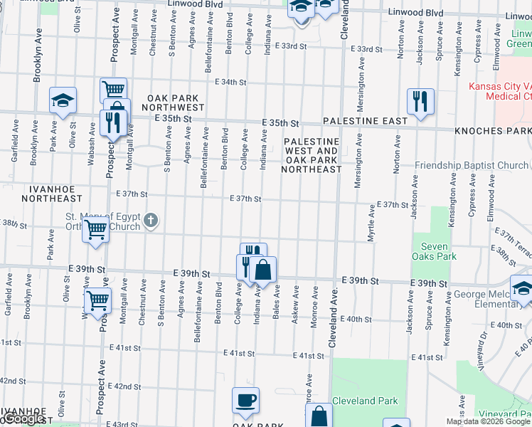 map of restaurants, bars, coffee shops, grocery stores, and more near 3704 Bales Avenue in Kansas City