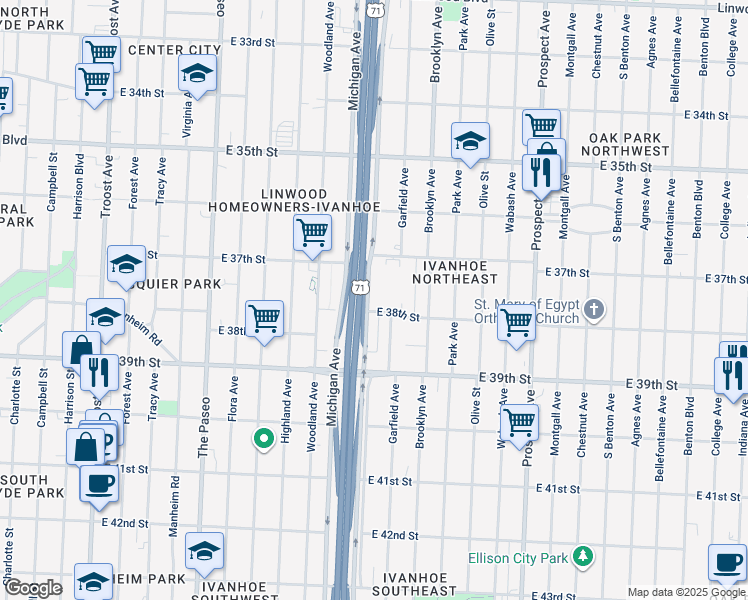map of restaurants, bars, coffee shops, grocery stores, and more near 2000 East 38th Street in Kansas City