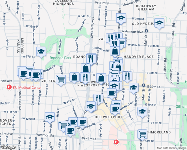 map of restaurants, bars, coffee shops, grocery stores, and more near 3724 Jefferson Street in Kansas City