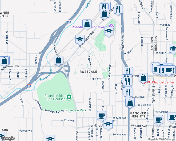 map of restaurants, bars, coffee shops, grocery stores, and more near 3802 South Thompson Street in Kansas City