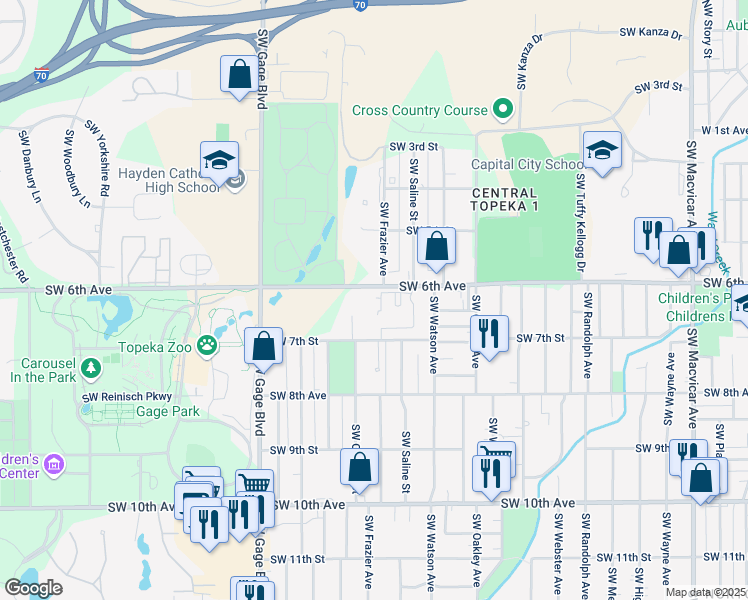 map of restaurants, bars, coffee shops, grocery stores, and more near in Topeka
