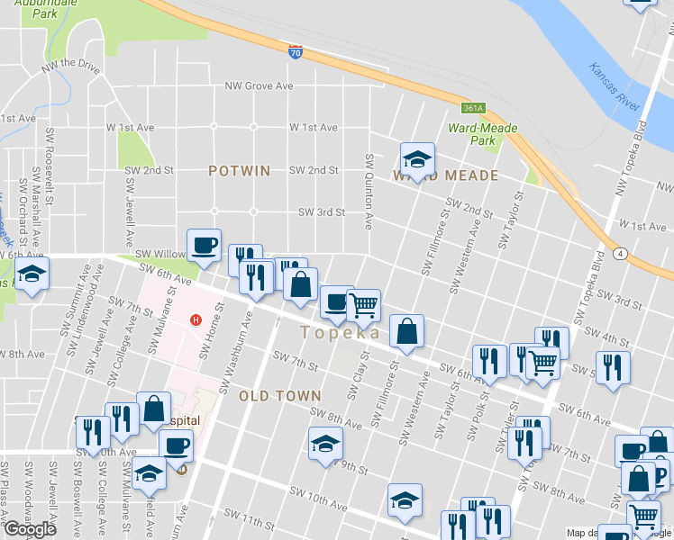 map of restaurants, bars, coffee shops, grocery stores, and more near 420 SW Lincoln St in Topeka