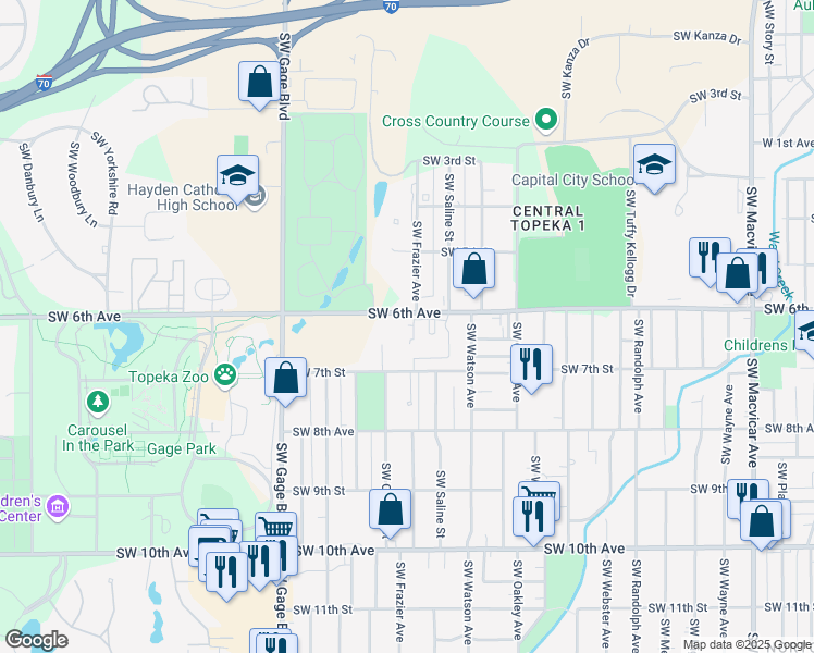 map of restaurants, bars, coffee shops, grocery stores, and more near 3515 Southwest 6th Avenue in Topeka