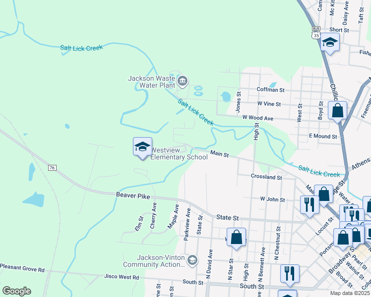 map of restaurants, bars, coffee shops, grocery stores, and more near 17 Main Place in Jackson