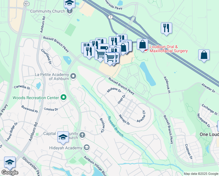 map of restaurants, bars, coffee shops, grocery stores, and more near 44210 Mohave Drive in Ashburn