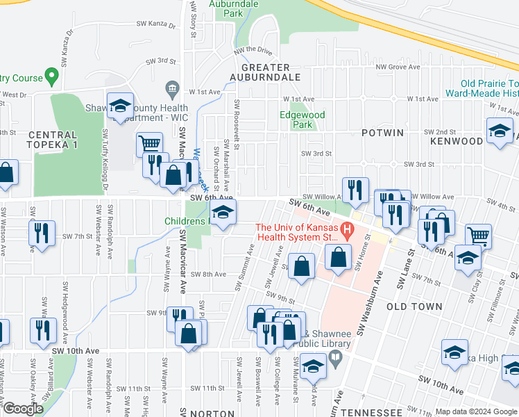 map of restaurants, bars, coffee shops, grocery stores, and more near 615 Southwest Summit Avenue in Topeka