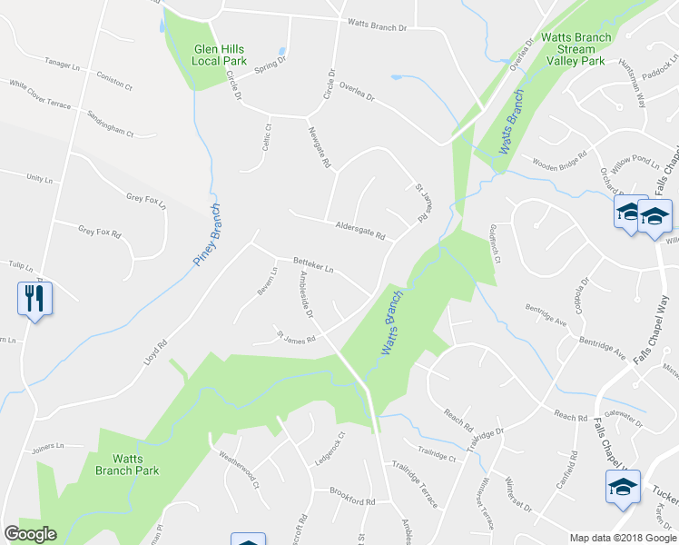 map of restaurants, bars, coffee shops, grocery stores, and more near 9821 Betteker Lane in Potomac