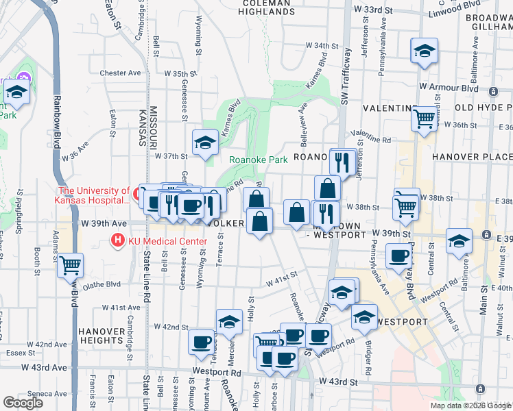 map of restaurants, bars, coffee shops, grocery stores, and more near 3734 Valentine Road in Kansas City
