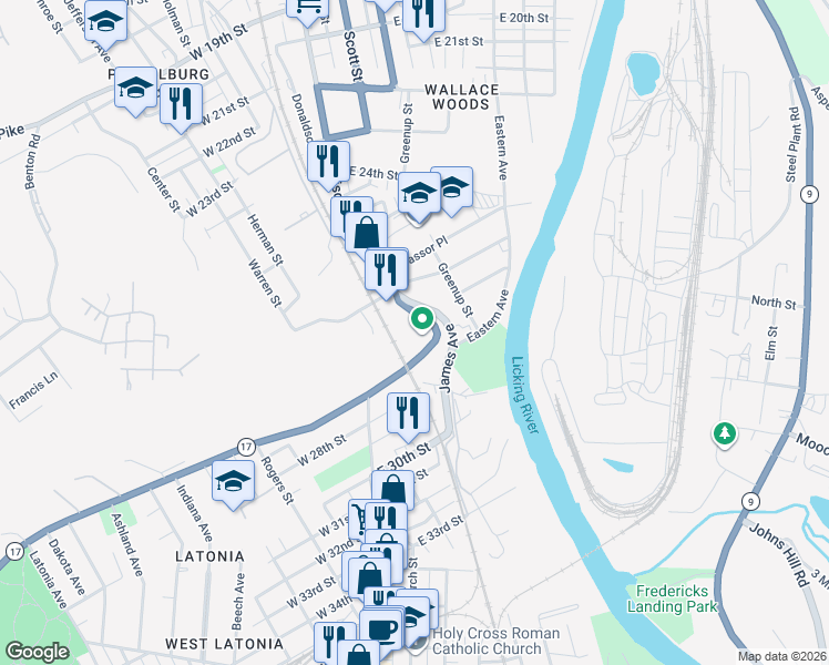 map of restaurants, bars, coffee shops, grocery stores, and more near 6 Madison Court in Covington