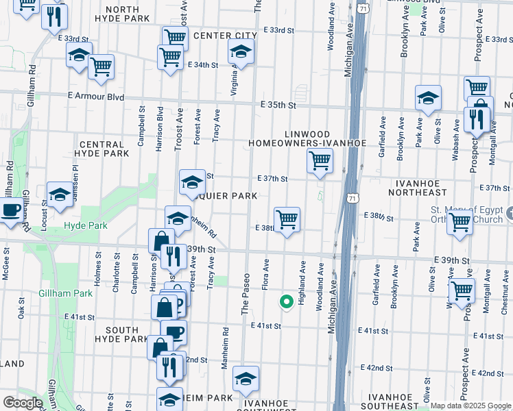 map of restaurants, bars, coffee shops, grocery stores, and more near 3722 The Paseo in Kansas City