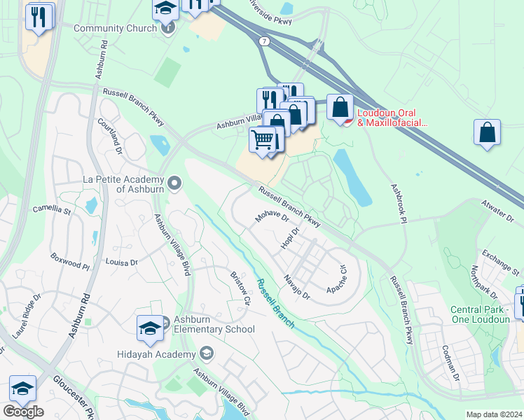 map of restaurants, bars, coffee shops, grocery stores, and more near 44210 Mohave Drive in Ashburn