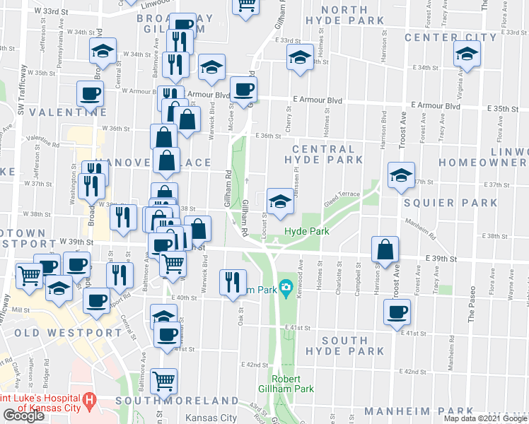map of restaurants, bars, coffee shops, grocery stores, and more near Locust St & E 38 St in Kansas City