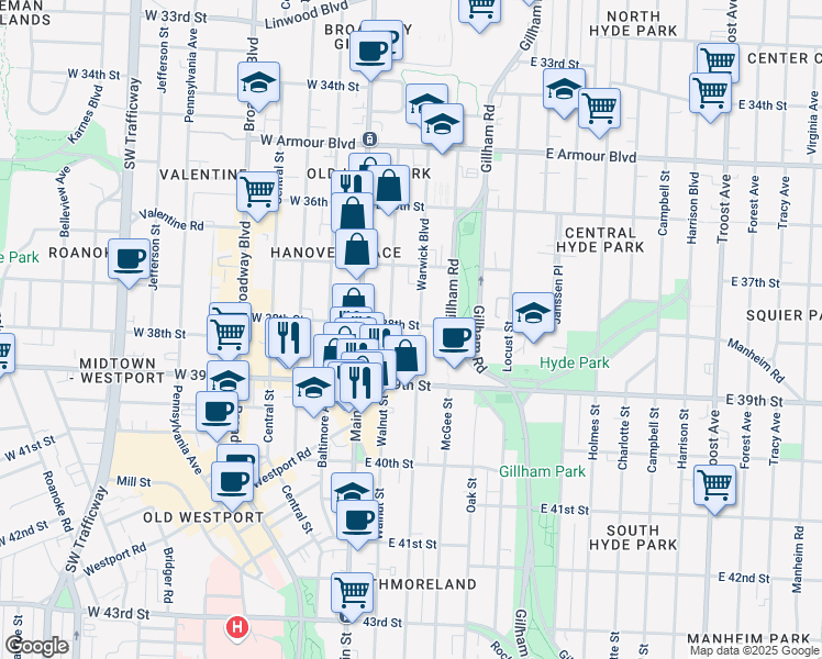 map of restaurants, bars, coffee shops, grocery stores, and more near 3740 Warwick Boulevard in Kansas City