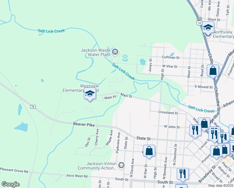 map of restaurants, bars, coffee shops, grocery stores, and more near 17 Main Place in Jackson
