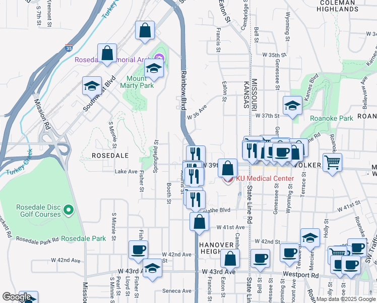 map of restaurants, bars, coffee shops, grocery stores, and more near 3838 Rainbow Boulevard in Kansas City
