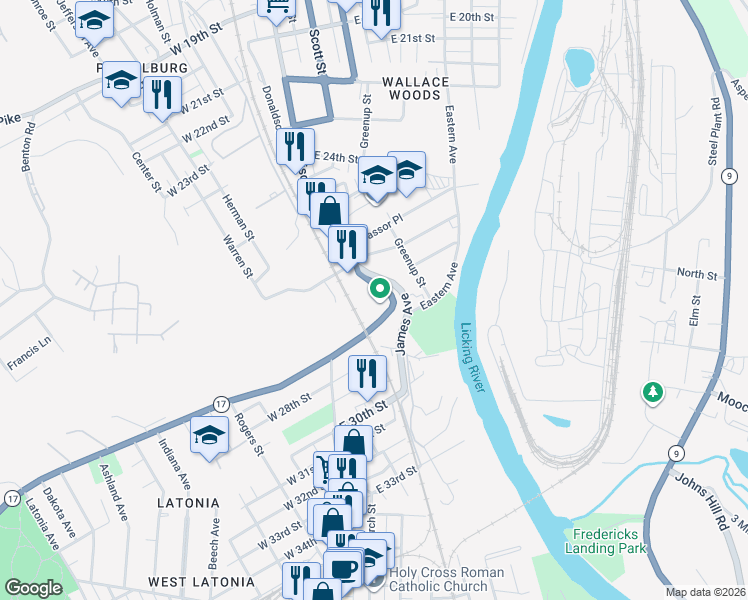 map of restaurants, bars, coffee shops, grocery stores, and more near 6 Madison Court in Covington