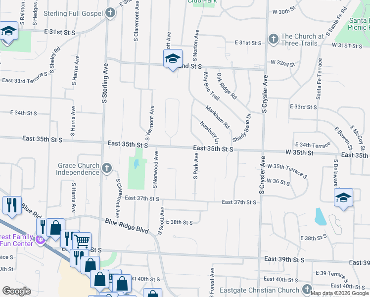 map of restaurants, bars, coffee shops, grocery stores, and more near 11600 East 35th Street South in Independence