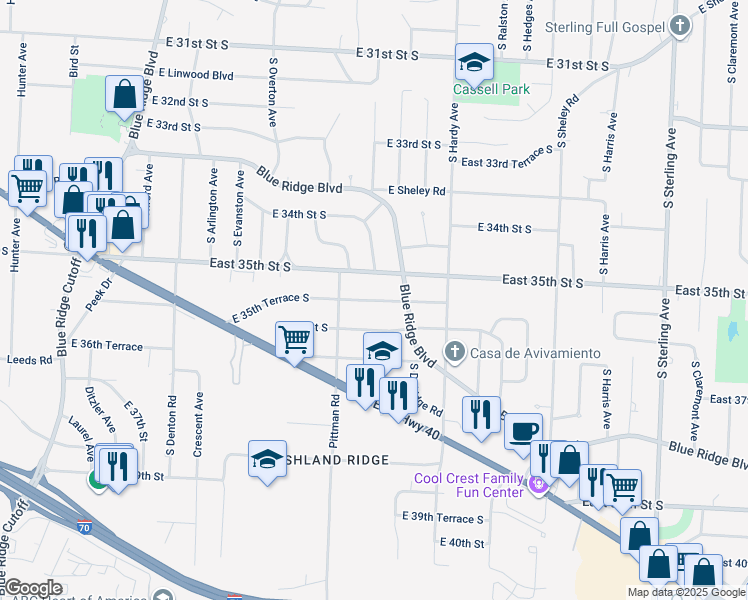 map of restaurants, bars, coffee shops, grocery stores, and more near 10012 East 35th Terrace South in Independence