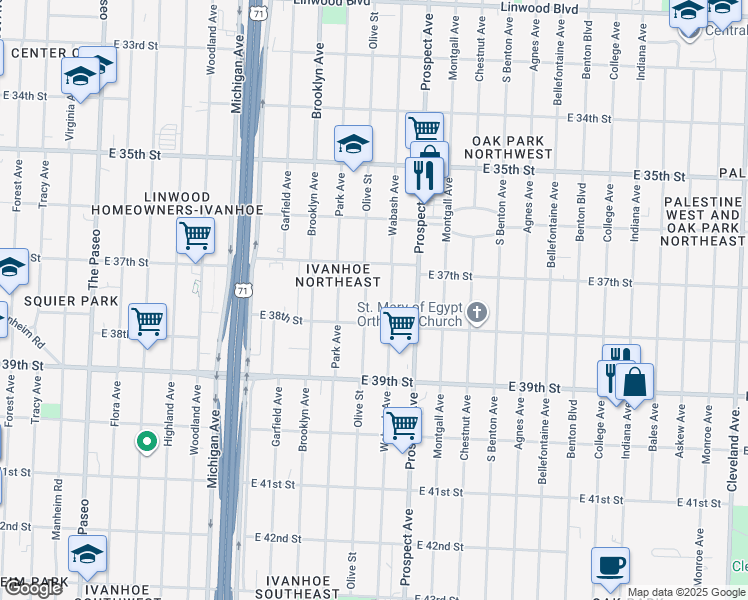 map of restaurants, bars, coffee shops, grocery stores, and more near 3725 Olive Street in Kansas City