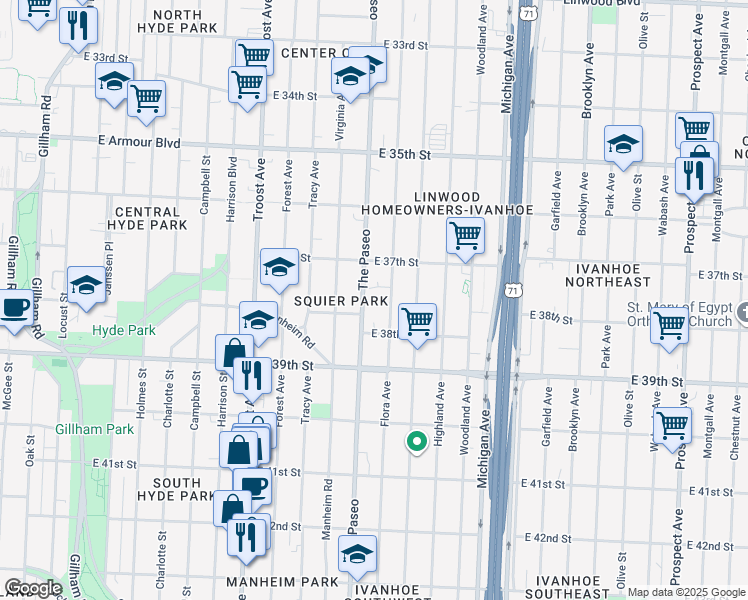 map of restaurants, bars, coffee shops, grocery stores, and more near 3722 The Paseo in Kansas City