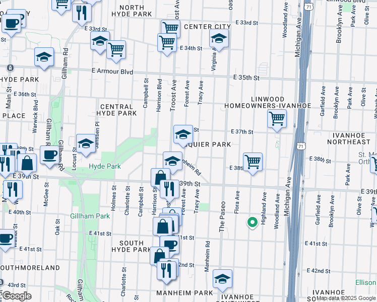 map of restaurants, bars, coffee shops, grocery stores, and more near 3727 Forest Avenue in Kansas City
