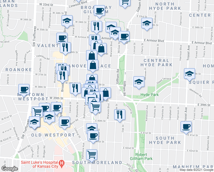 map of restaurants, bars, coffee shops, grocery stores, and more near 3740 Warwick Boulevard in Kansas City