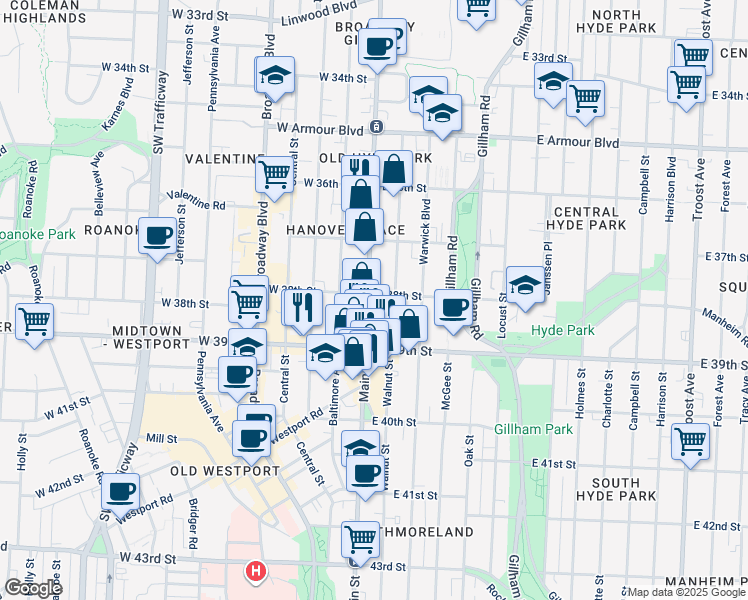 map of restaurants, bars, coffee shops, grocery stores, and more near 3745 Main Street in Kansas City