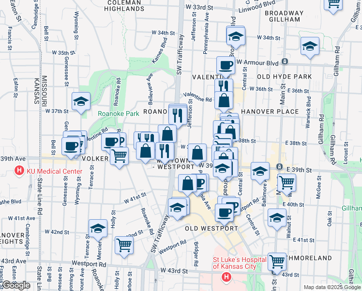 map of restaurants, bars, coffee shops, grocery stores, and more near 3724 Jefferson Street in Kansas City