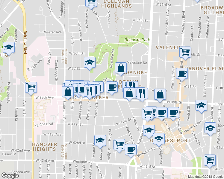 map of restaurants, bars, coffee shops, grocery stores, and more near 3734 Valentine Road in Kansas City