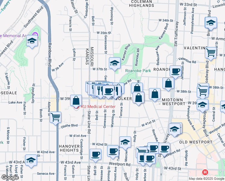map of restaurants, bars, coffee shops, grocery stores, and more near 3801 Wyoming Street in Kansas City