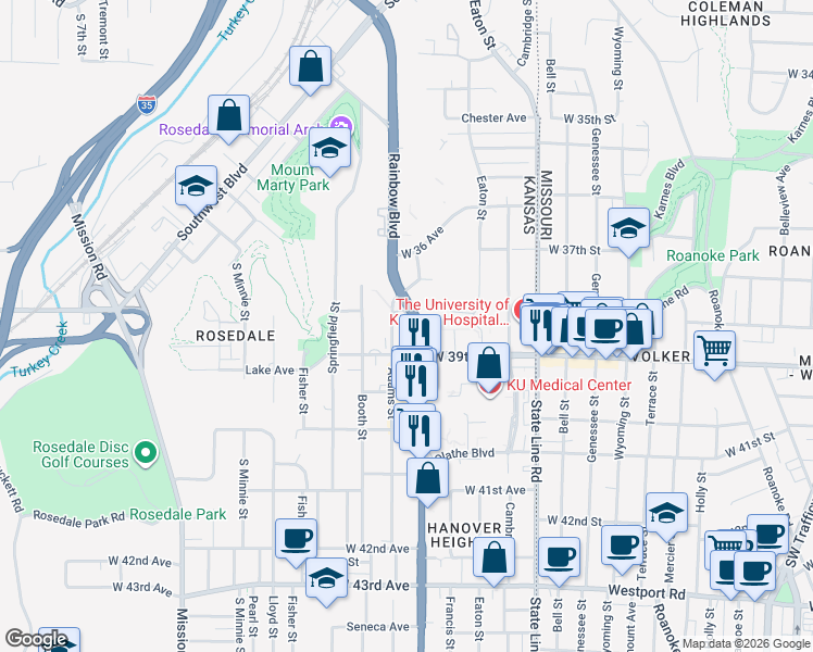 map of restaurants, bars, coffee shops, grocery stores, and more near 3838 Rainbow Boulevard in Kansas City