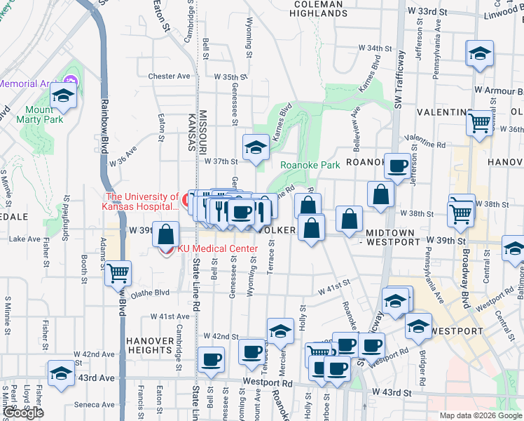 map of restaurants, bars, coffee shops, grocery stores, and more near 3801 Wyoming Street in Kansas City