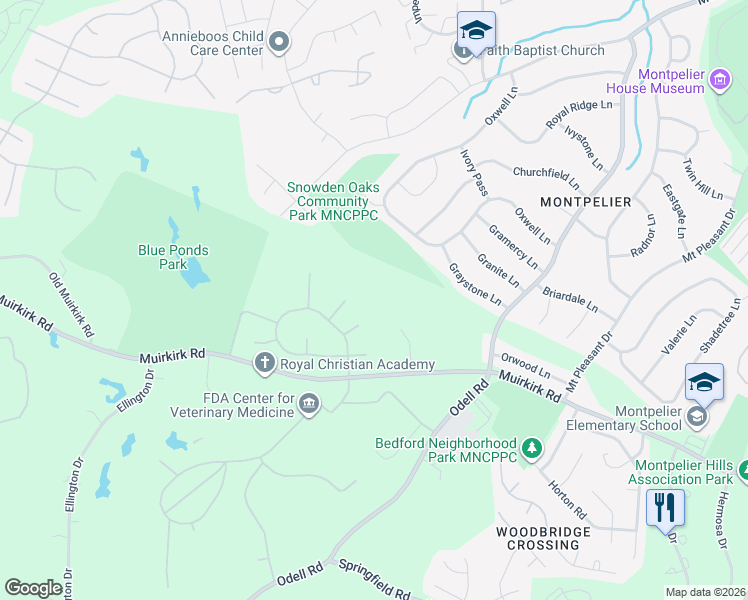 map of restaurants, bars, coffee shops, grocery stores, and more near 12115 Westlock Place in Laurel