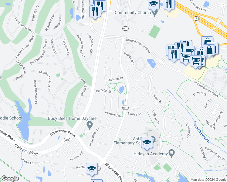 map of restaurants, bars, coffee shops, grocery stores, and more near 43866 Camellia Street in Ashburn