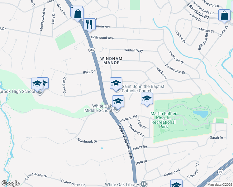 map of restaurants, bars, coffee shops, grocery stores, and more near 12319 New Hampshire Avenue Northeast in Silver Spring