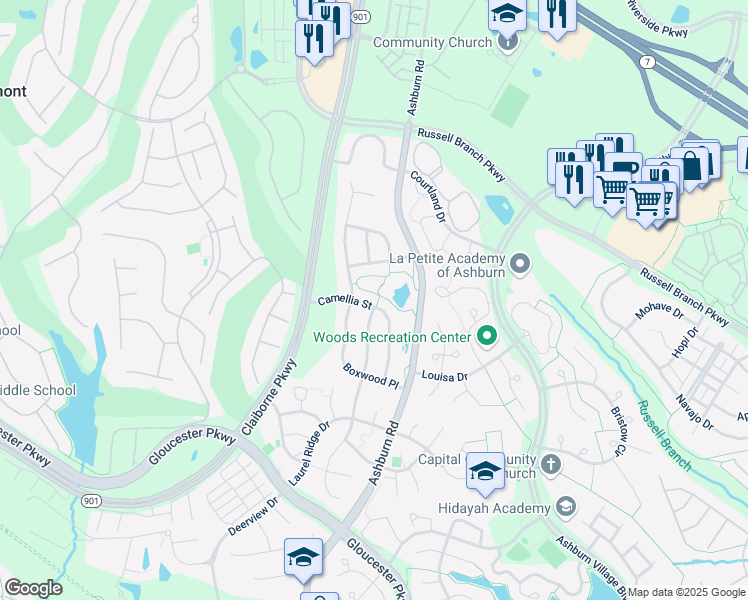 map of restaurants, bars, coffee shops, grocery stores, and more near 43866 Camellia Street in Ashburn
