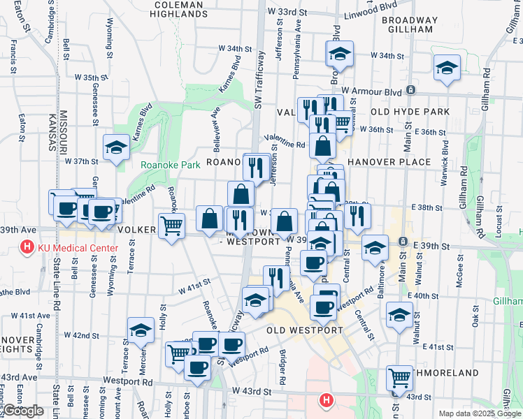 map of restaurants, bars, coffee shops, grocery stores, and more near 3724 Jefferson Street in Kansas City