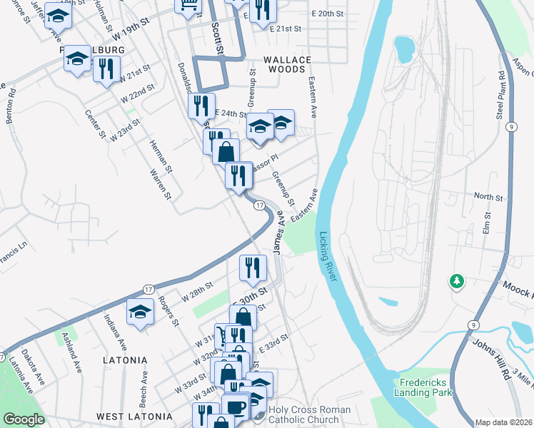 map of restaurants, bars, coffee shops, grocery stores, and more near 6 Madison Court in Covington