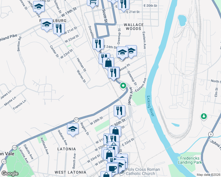 map of restaurants, bars, coffee shops, grocery stores, and more near 41 West 26th Street in Covington