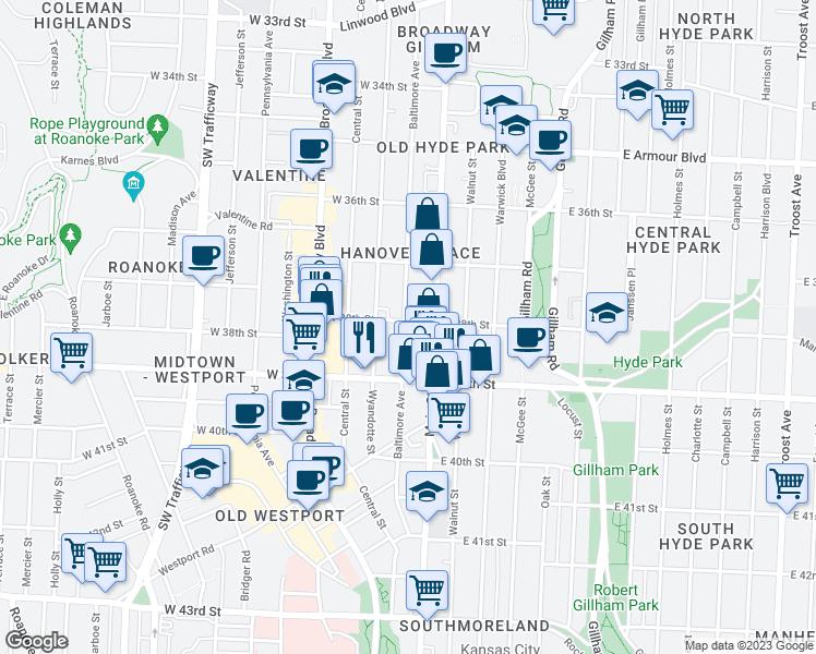 map of restaurants, bars, coffee shops, grocery stores, and more near 25 West 38th Street in Kansas City