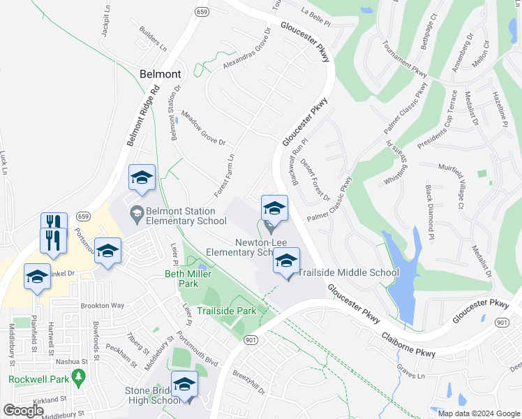 map of restaurants, bars, coffee shops, grocery stores, and more near 20179 Plum Ridge Terrace in Ashburn