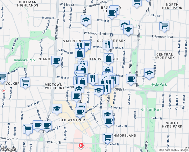 map of restaurants, bars, coffee shops, grocery stores, and more near 201 West 38th Street in Kansas City