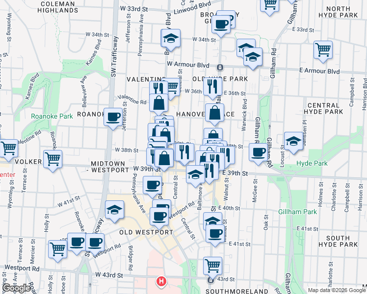 map of restaurants, bars, coffee shops, grocery stores, and more near 3744 Wyandotte Street in Kansas City
